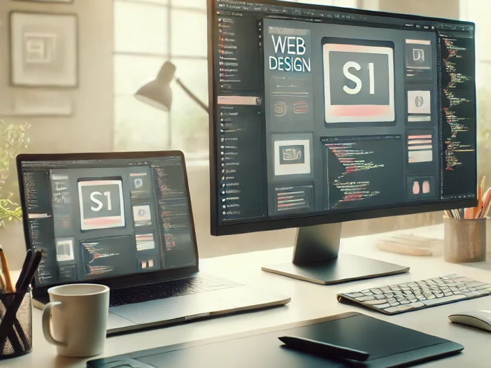 Modern web design workspace featuring a large monitor with design and coding software open, alongside a laptop, graphic tablet, and coffee cup on a clean desk, illuminated by soft natural lighting.