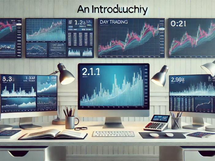 Day traders desk with multiple monitors and trading posters